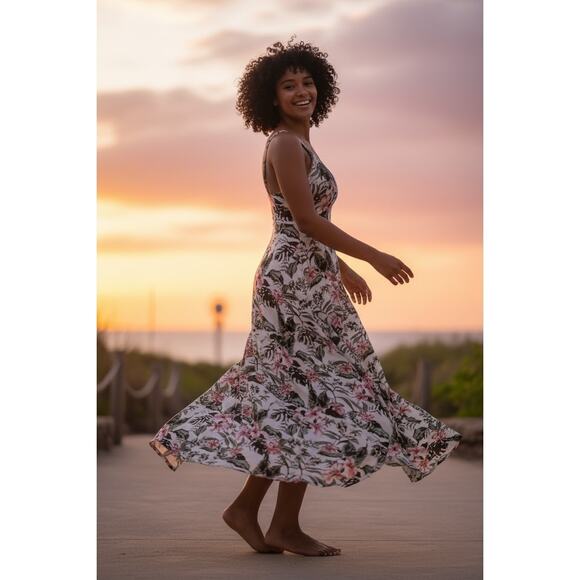 NWT! "Sim & Sam" Dress SZ S White wW/Pink Floral Tie Back Wrap,Criss Cross Back - Picture 2 of 13